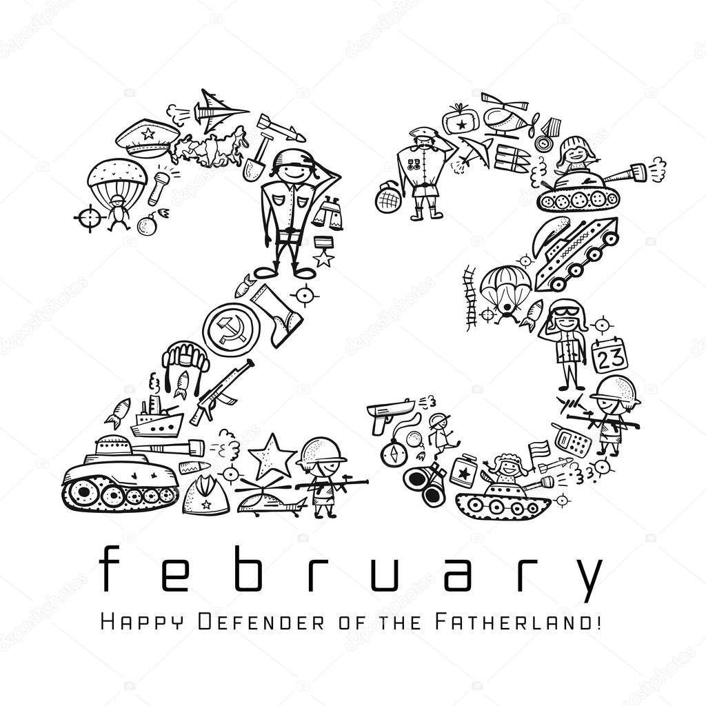 Happy Defender of the Fatherland. Russian national holiday on 23 February. Gift card for men. Vector illustration