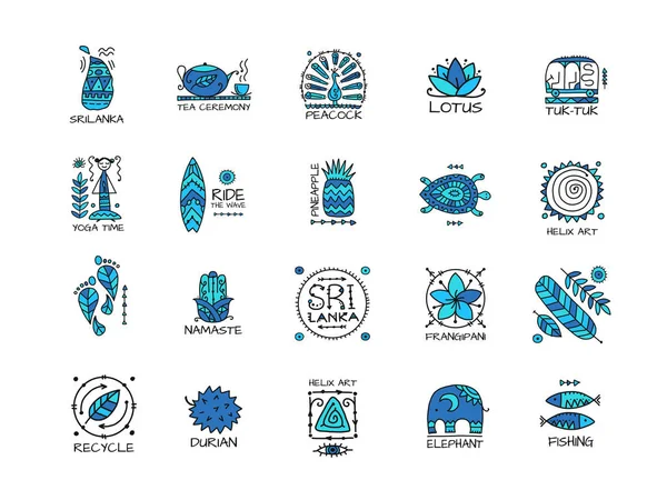 Sri Lanka travel, icons set. Tribal elements for your design — Stock Vector