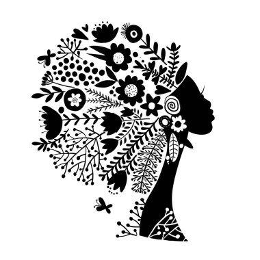 Güzel çiçekli kadın, senin tasarımına göre siyah siluet.