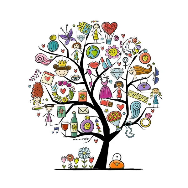 Δέντρο τέχνης με γυναικεία αξεσουάρ, δώρα και ευχές. Ιδέα για το σχεδιασμό της κάρτας γενεθλίων σας, το λογότυπο κατάστημα, banner — Διανυσματικό Αρχείο