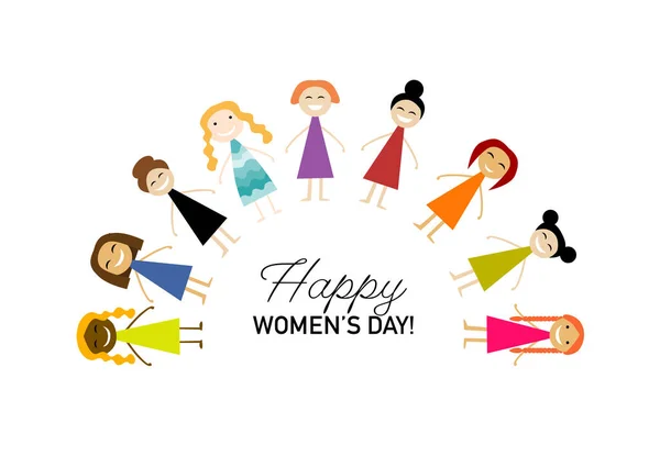 Dia Internacional da Mulher. Ilustração vetorial com mulheres bonitos para o seu cartão de design, cartaz, panfleto e outros. Personagens femininos — Vetor de Stock
