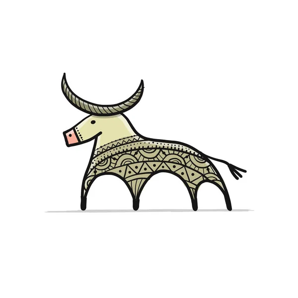 面白いスケッチの雄牛。月の星占いサイン。新年明けましておめでとうございます。牛、牛、牛。デザインのテンプレート-ポスター、カード、招待状 — ストックベクタ