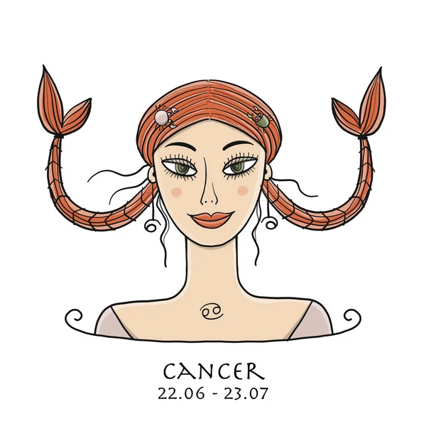 Illusztráció a rák állatöv jel. A Víz Eleme. Gyönyörű lány portré. 12 nő egyike a gyűjteményben az Ön számára az asztrológiai naptár, horoszkóp, nyomtatás. — Stock Vector