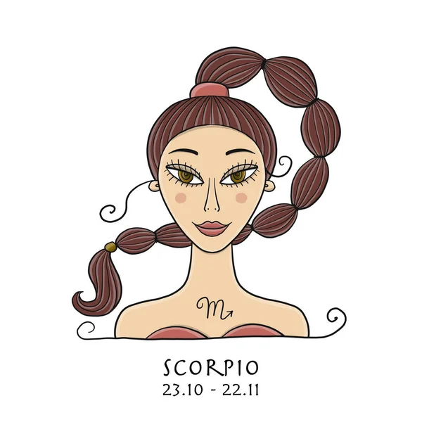 Ilustração do signo do zodíaco de Escorpião. Elemento de Água. Retrato de menina bonita. Uma das 12 mulheres em coleção para o seu projeto de calendário de astrologia, horóscopo, impressão. — Vetor de Stock