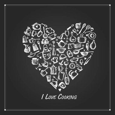 Mutfak aletlerinden yapılmış kalp şekli, tasarımınız için çizimler.