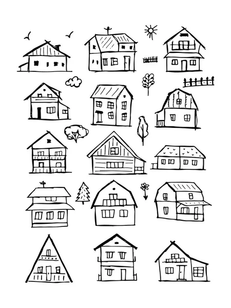 Art houses collection, sketch for your design — Stock Vector