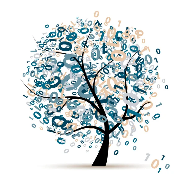Logotipo de árvore digital colorido, código e programa — Vetor de Stock