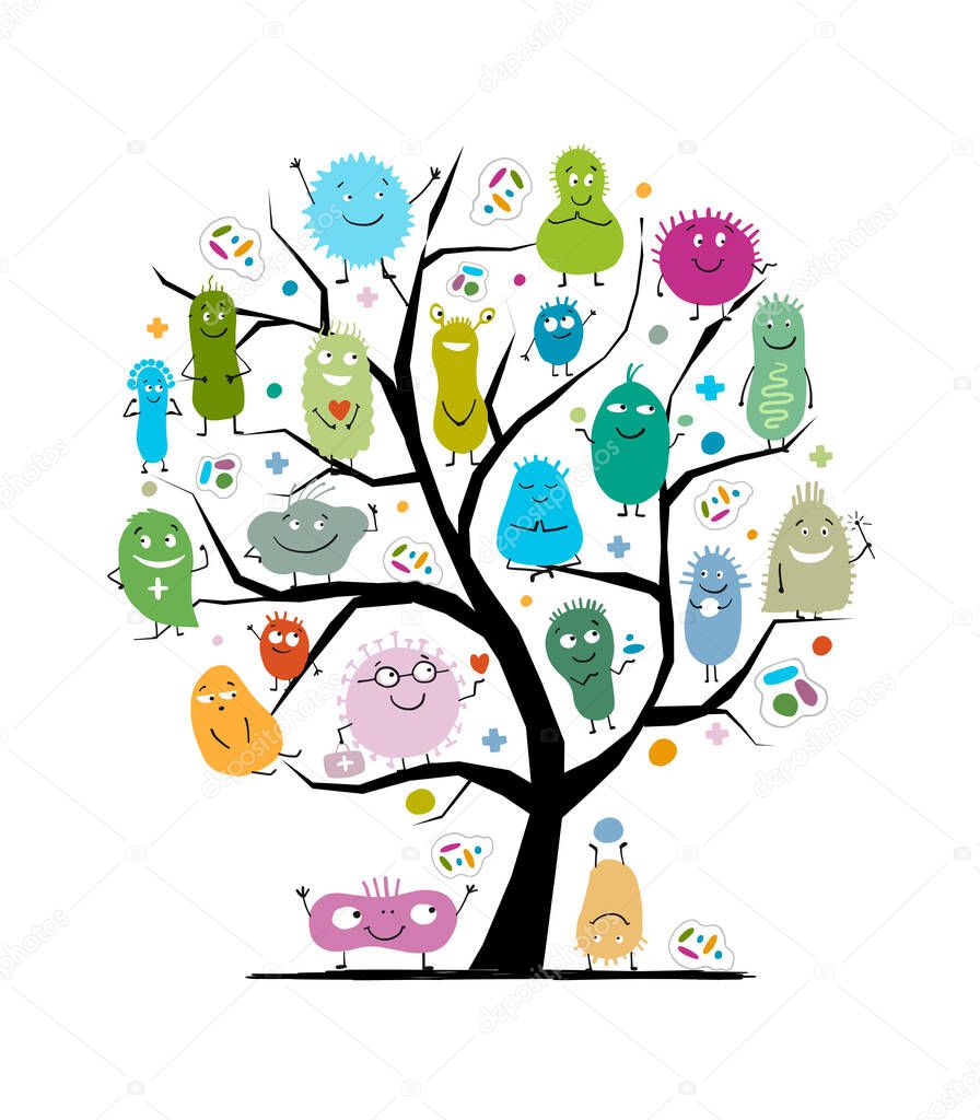 Concept of family tree for funny and scary bacteria characters. Vector logo of gut and intestinal flora, germs, virus.