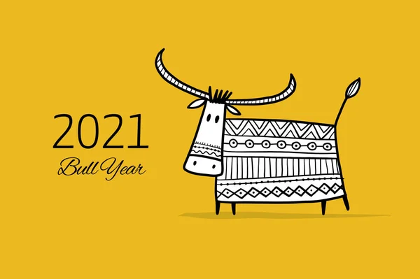 Grappige schets stier. Maanhoroscoopteken. Gelukkig nieuwjaar 2021. Stier, os, koe. Sjabloon voor uw ontwerp - poster, kaart, uitnodiging — Stockvector