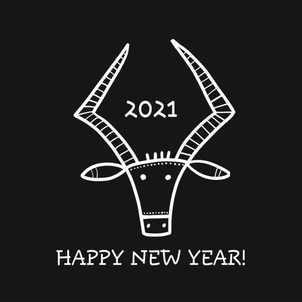 有趣的草图公牛。月亮星座的标志。2021年新年快乐。牛，牛，牛。设计模板-海报、卡片、邀请函 — 图库矢量图片