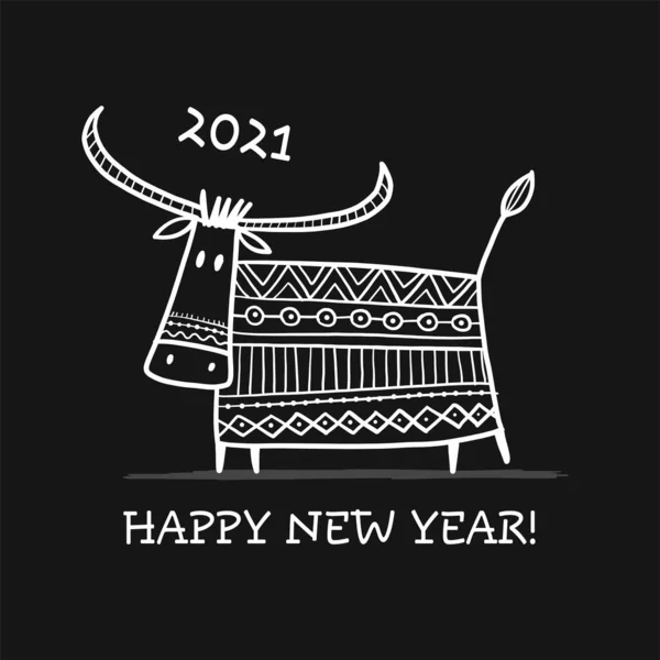 Strano bozzetto di toro. Segno dell'oroscopo lunare. Felice anno nuovo 2021. Toro, bue, mucca. Modello per il tuo design - poster, biglietto, invito — Vettoriale Stock