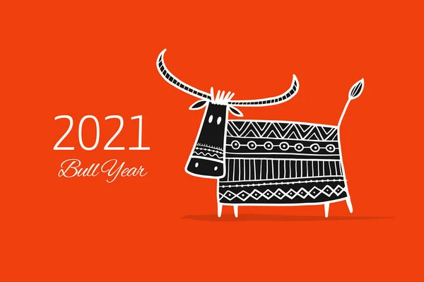 Grappige schets stier. Maanhoroscoopteken. Gelukkig nieuwjaar 2021. Stier, os, koe. Sjabloon voor uw ontwerp - poster, kaart, uitnodiging — Stockvector