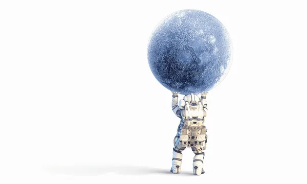 Spaceman bär stora planet. Mixed media — Stockfoto