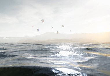 Su üzerinde hava balonu. Karışık teknik