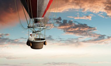Aerostat içinde seyahat adam. Karışık teknik