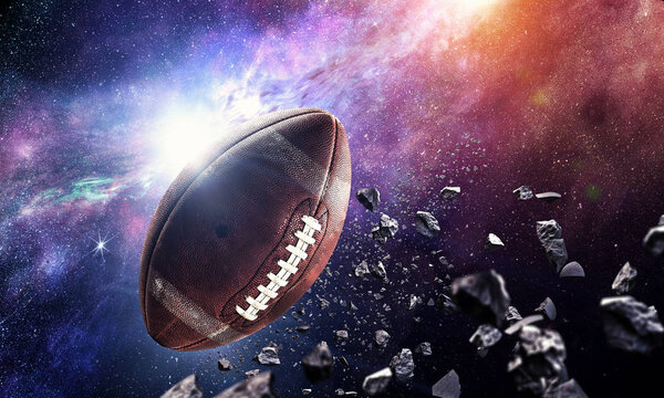 Rugby ball against abstract space purple background