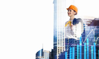 Çekici mimar kadın ve onun projesi. Karışık teknik