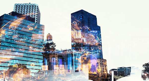 Double exposure of modern business city on white