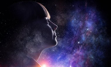 Yıldızlı gökyüzü kız. Karışık teknik