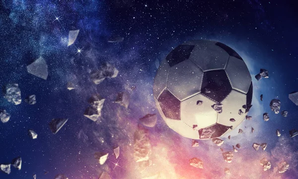 Bola Futebol Voando Fundo Espaço Abstrato — Fotografia de Stock