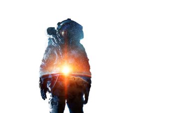 Beyaz uzay adamı. Karışık teknik