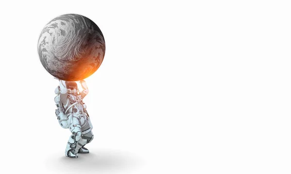 Spaceman carry big planet. Mixed media — Stock Photo, Image