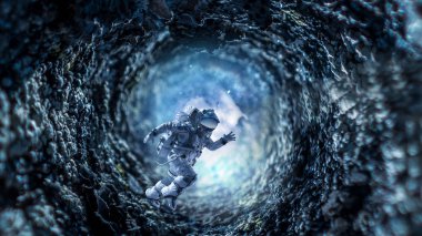 Uzay adamı ve galaksi çalışıyor. Karışık teknik