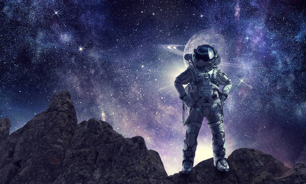 Spaceman and his mission. Mixed media