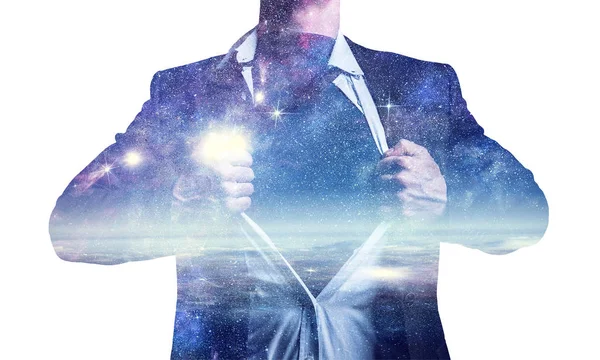 Super businessman and space in his chest — Stock Photo, Image
