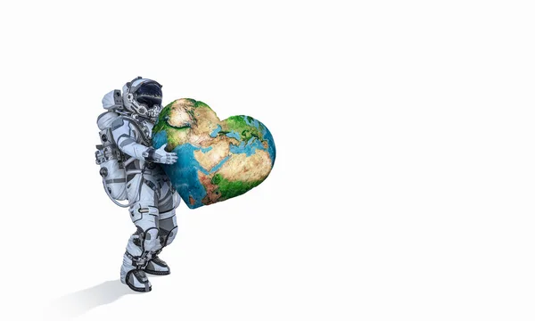 Spaceman carry big planet. Mixed media — Stock Photo, Image