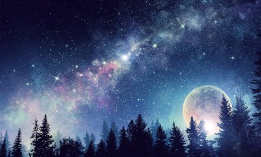 Gece yıldızlı gökyüzünde dolunay