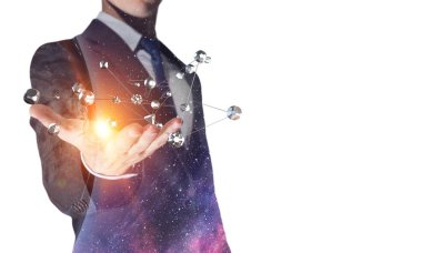 Beyaz arka plan üzerinde işadamı ulaştı hurma ile kapatın. 3D render