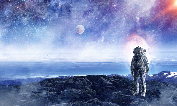 Spaceman landing planet. Mixed media