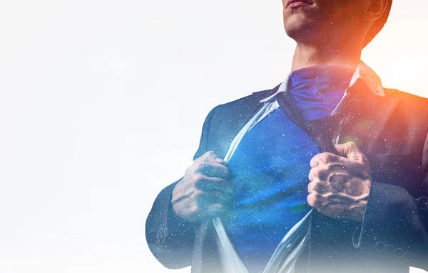 Super businessman and space in his chest — Stock Photo, Image