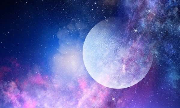 Background fantasy image with full moon in night glowing sky