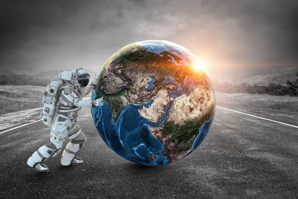 Астронавт Костюме Заставляет Планету Вращаться Элементы Этого Изображения Предоставлены Наса — стоковое фото