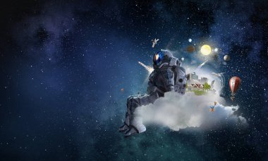 Uzay fantezi görüntü ile astronot. Karışık teknik