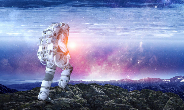 Spaceman run on rope. Mixed media