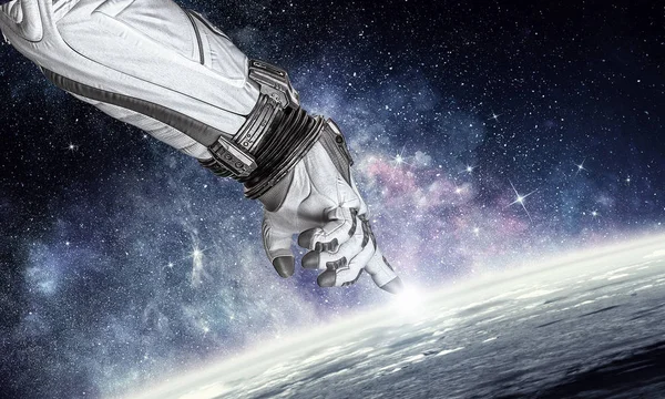 Astronaut Handen Touch Som Symbol För Skapandet Mixed Media — Stockfoto