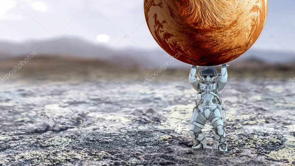 Spaceman carry big planet. Mixed media