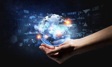 Dijital dünya küre gösterilen işkadını el ile kapatın. 3D render