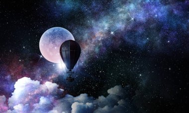 Aerostat içinde seyahat kadın. Karışık teknik