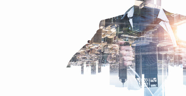 Double exposure of business super hero and modern cityscape