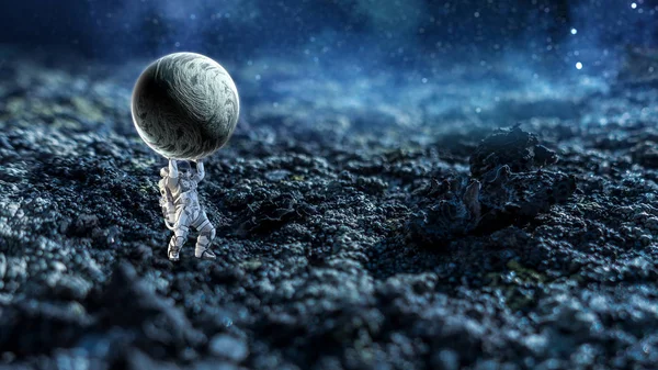 Spaceman dragen grote planeet. Mixed media — Stockfoto