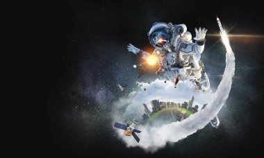 Astronot uzay görevi üzerinde. Karışık teknik