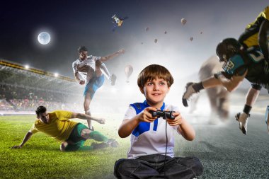 Bir video oyunu oynayan çocuk. Karışık teknik