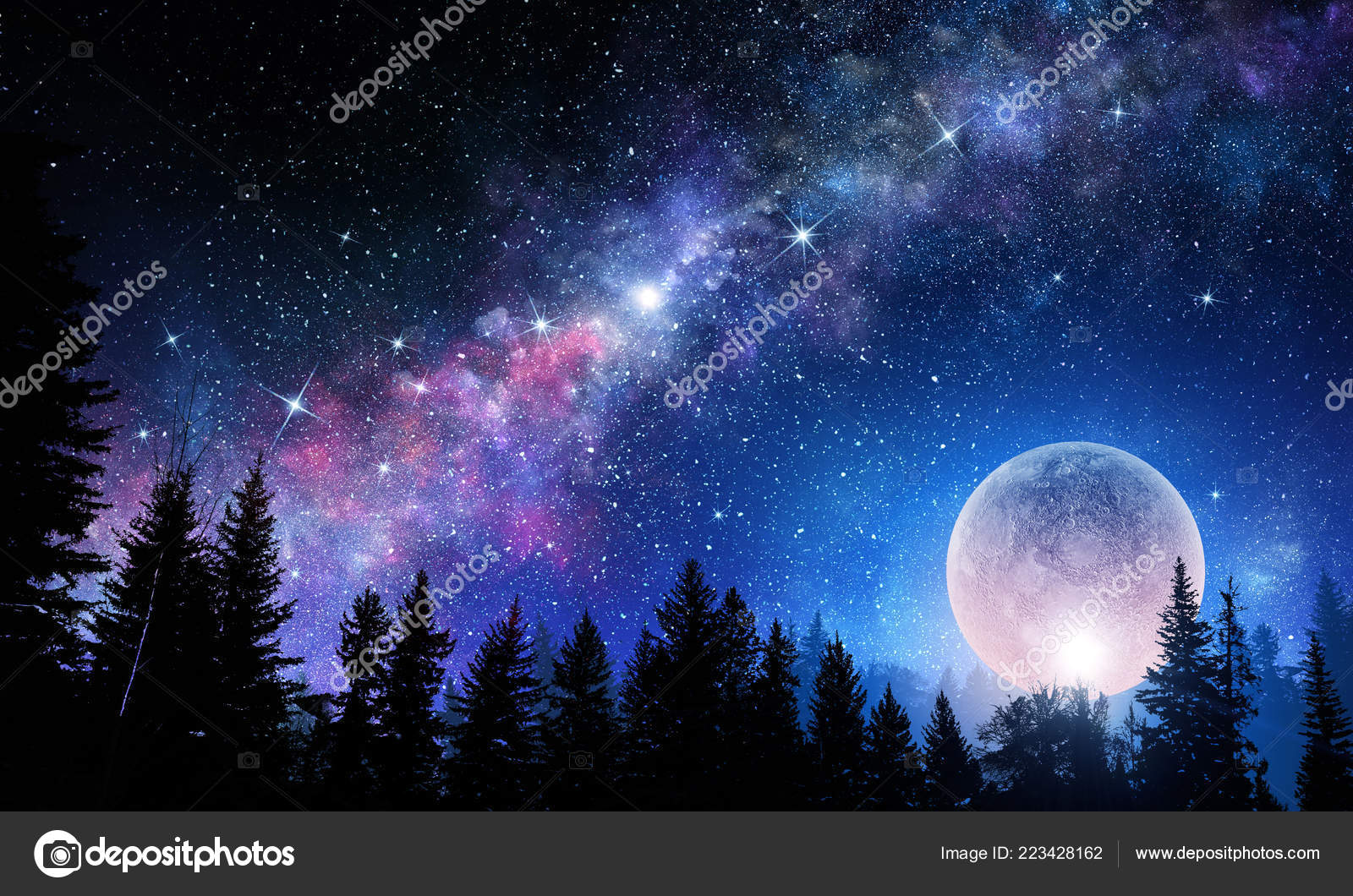 Fullmåne om natten, stjernehimmel – stockfoto © SergeyNivens #223428162, image size:1600x1060