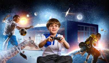 Bir video oyunu oynayan çocuk. Karışık teknik