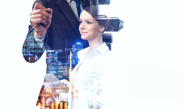 Attractive business lady working on tablet . Mixed media — Stock Photo, Image