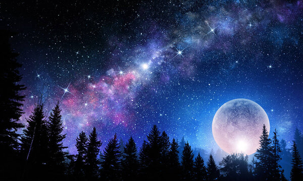 Background fantasy image with full moon in night glowing sky